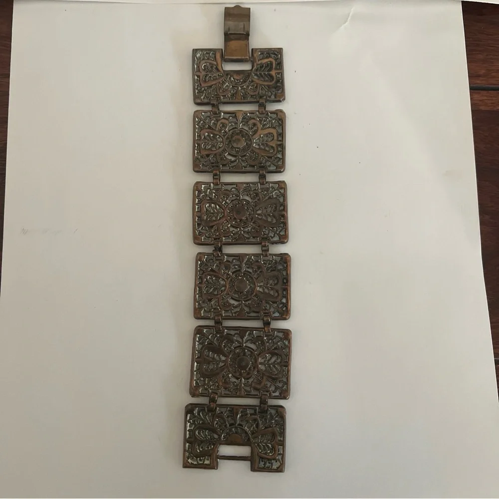 Vintage retro plated copper super wide bracelet, cuff ornate cut outs - Picture 2 of 5